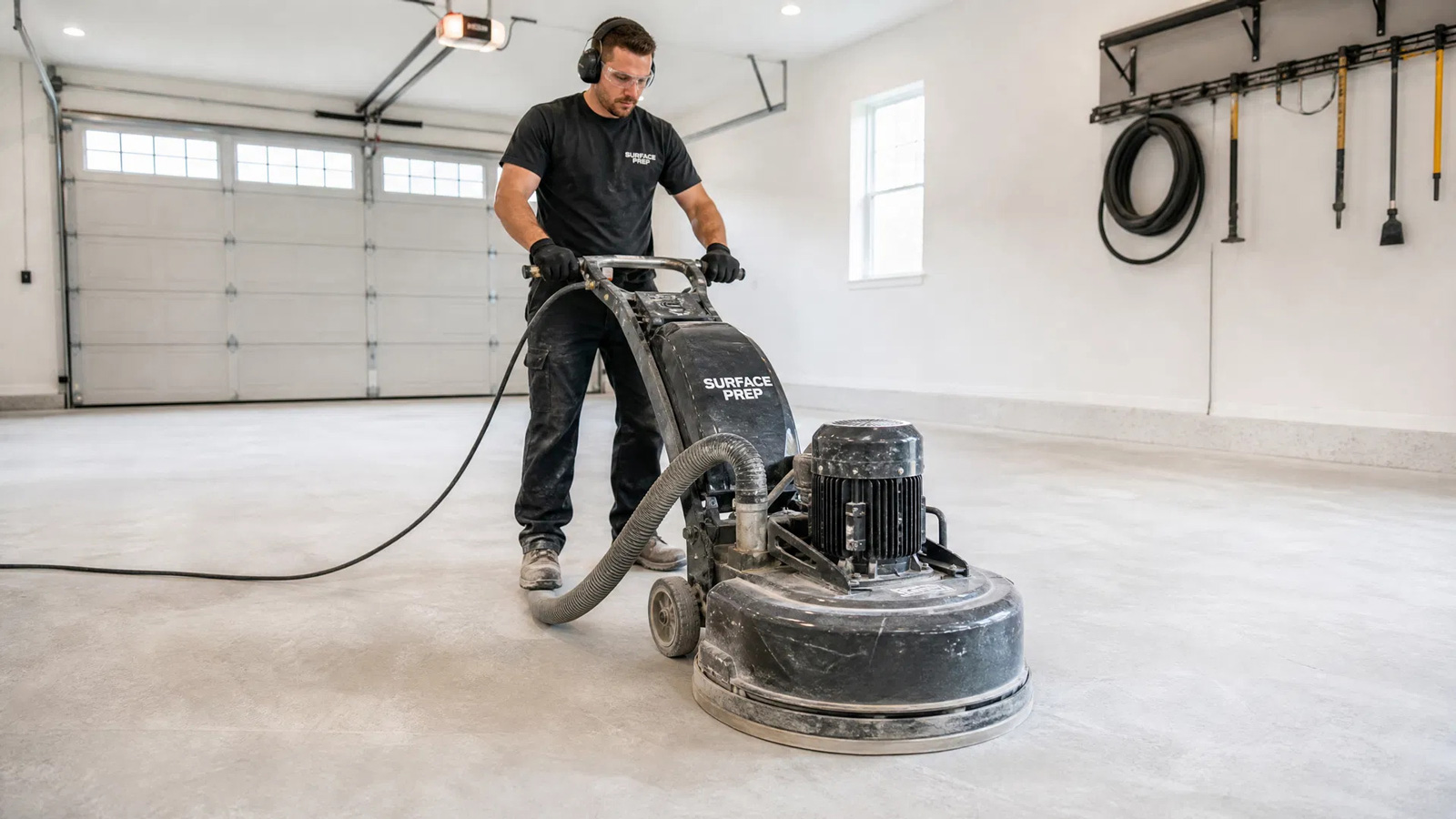 Professional preparation of a garage floor before coating installation