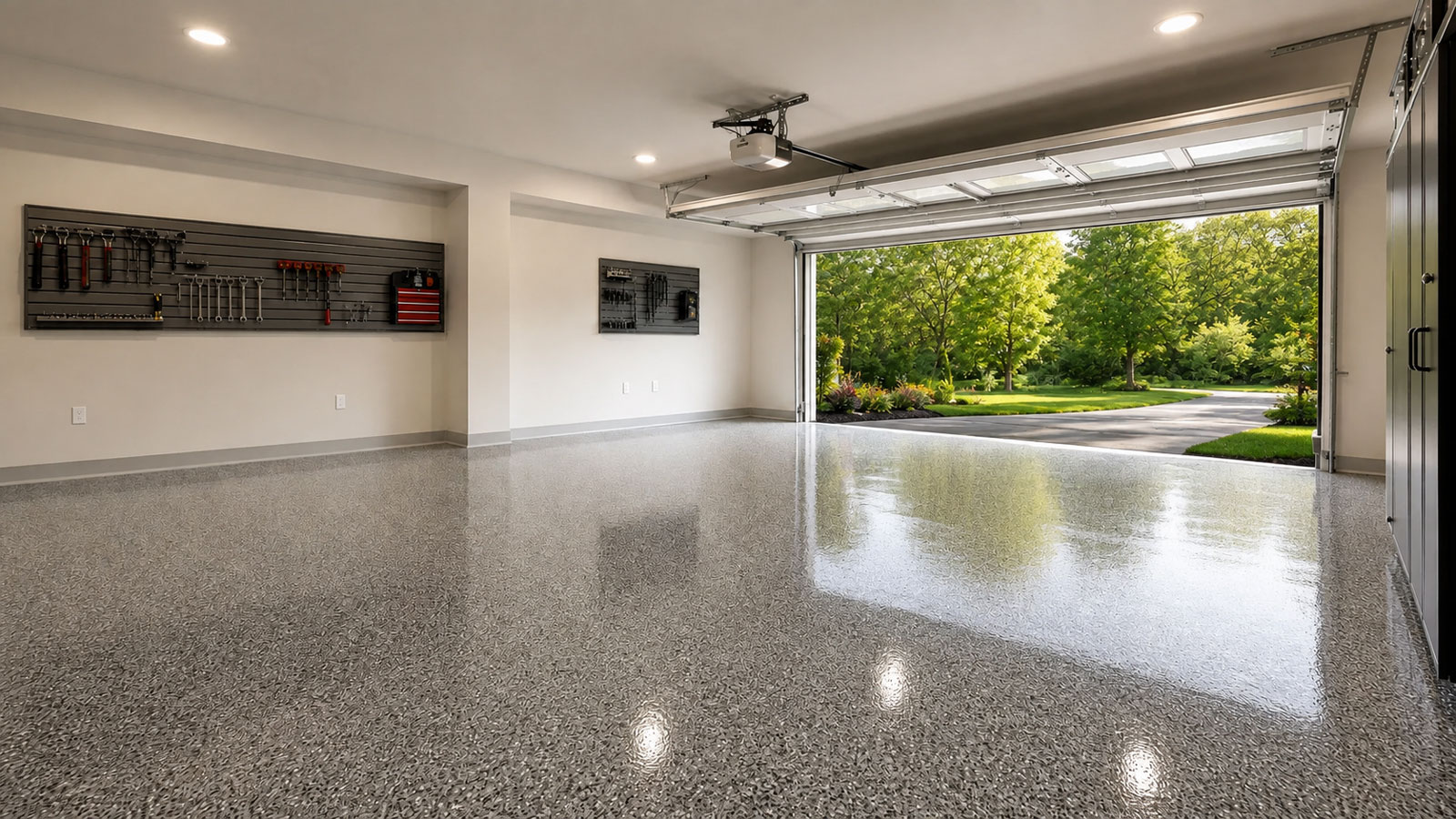 Residential garage with professionally coated decorative flake floor